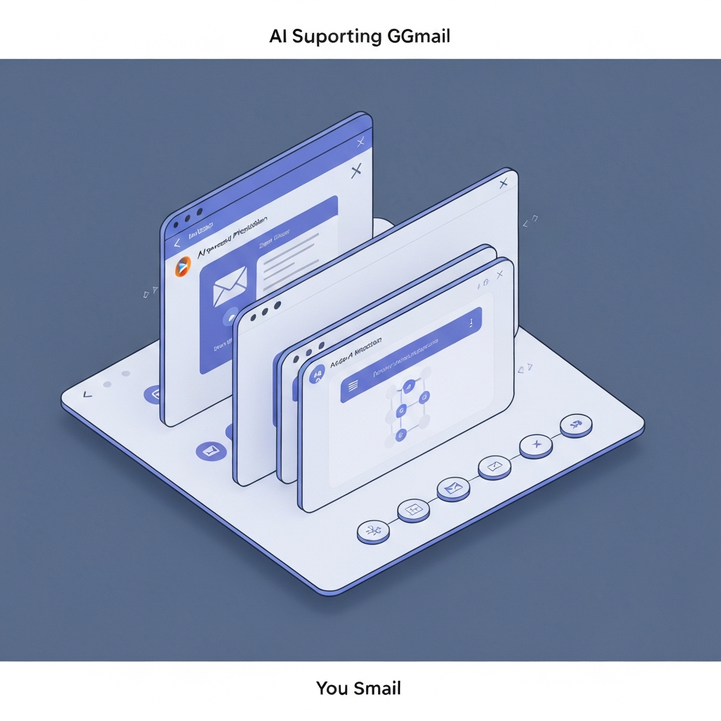 Modern graphic illustrating AI for Gmail enhancing email management and productivity.