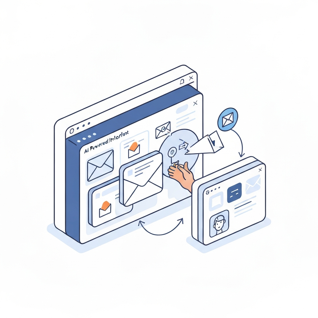 Minimalist illustration of AI for Gmail organizing emails, summarizing messages, and boosting productivity.