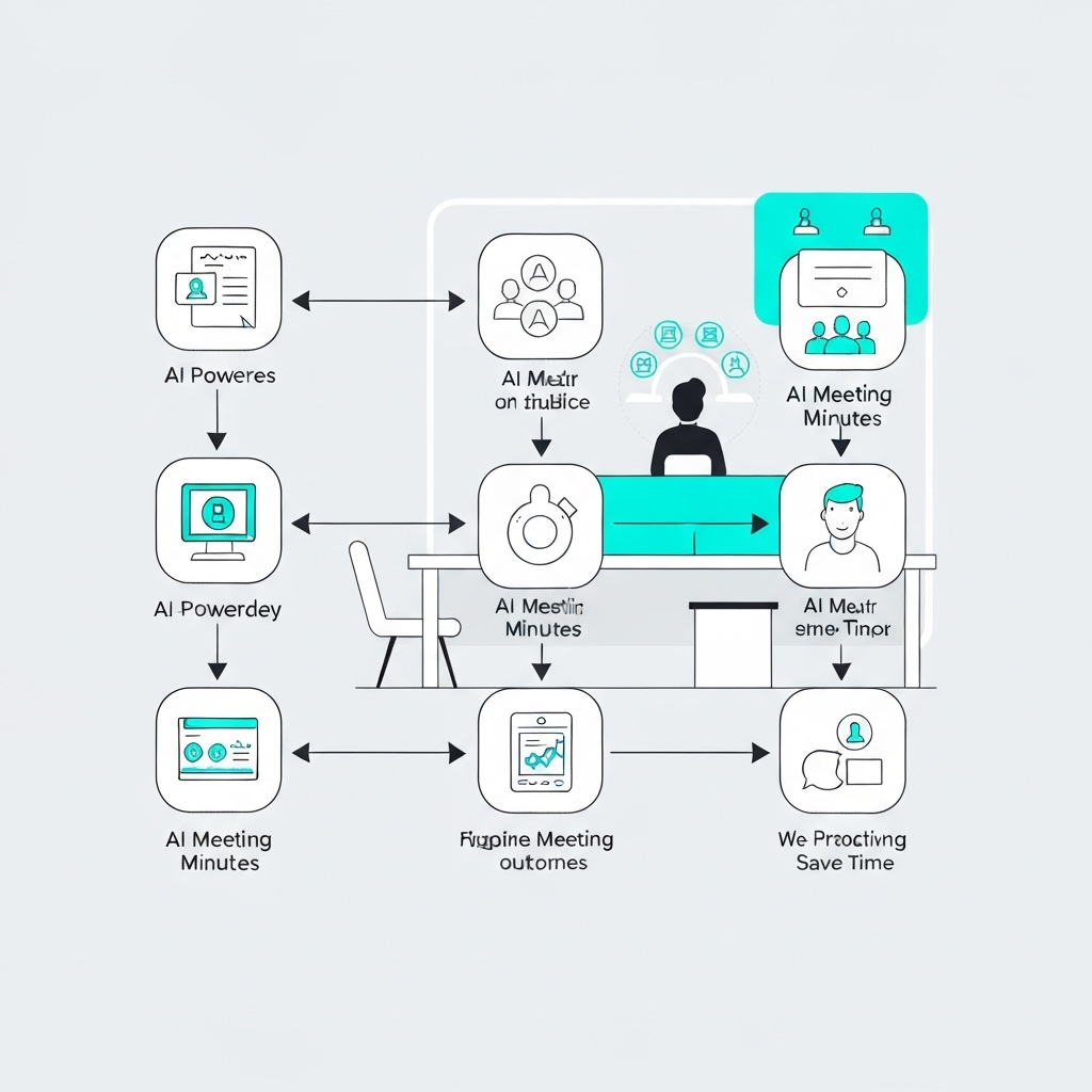 AI meeting minutes illustration: Automated notes boosting productivity and saving time for businesses.