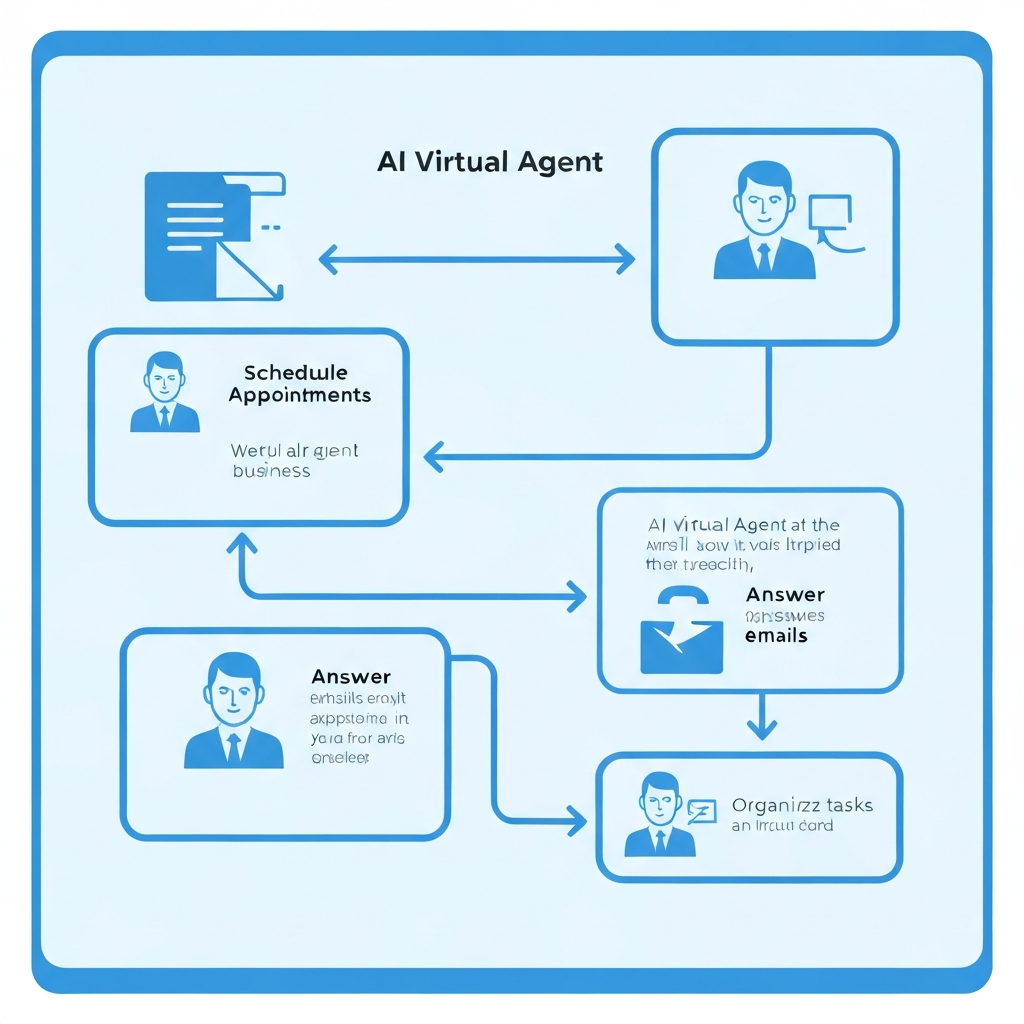 Illustration of an AI virtual agent automating and managing business emails for enhanced productivity.