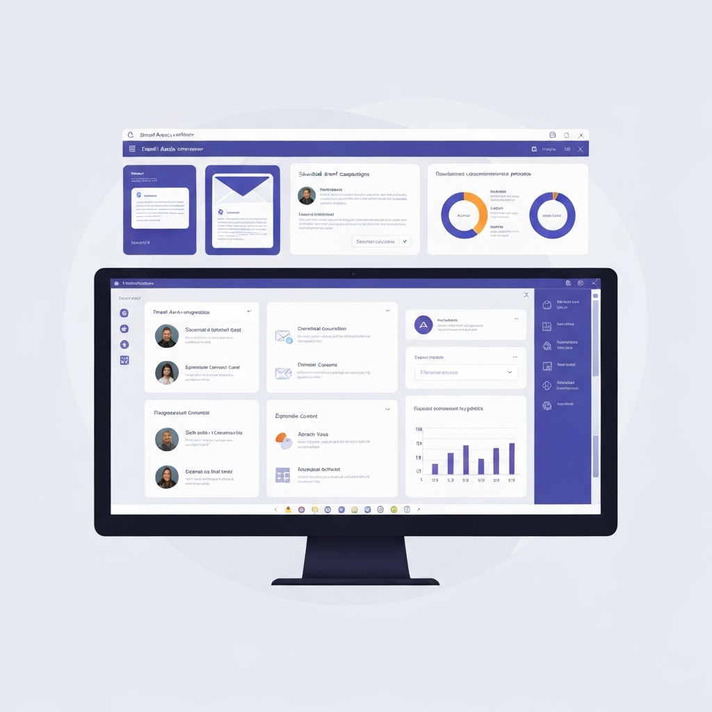 Modern, clean graphic illustrating auto email writer AI helping users with email productivity and business communication.