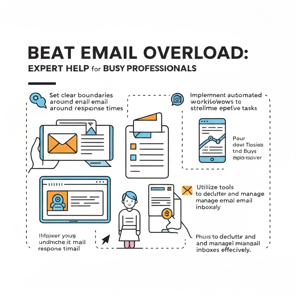 Illustration providing email overload help: tactics for efficient inbox management and productivity.