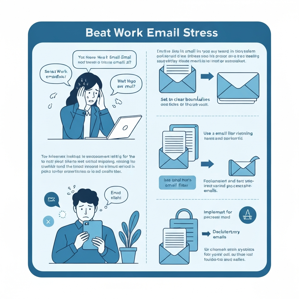 Minimalist illustration showing a calm person managing a simplified, organized inbox, reducing work email stress.