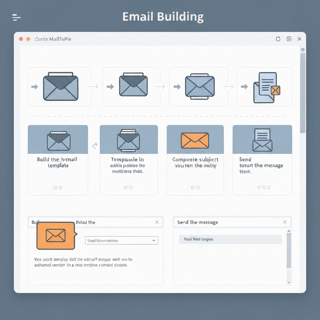 Minimalist illustration: Developers leveraging email building software to create and automate emails via code.