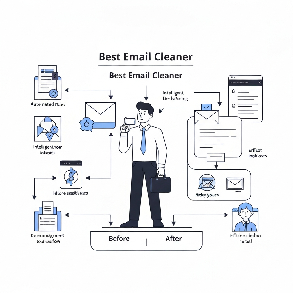Minimalist illustration of the best email cleaner decluttering a digital inbox for improved productivity.