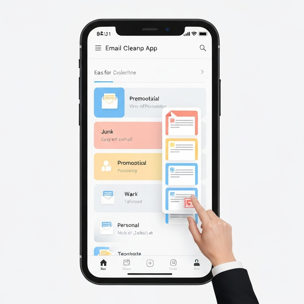 Modern, clean graphic showing an email cleanup app organizing a tidy inbox efficiently.