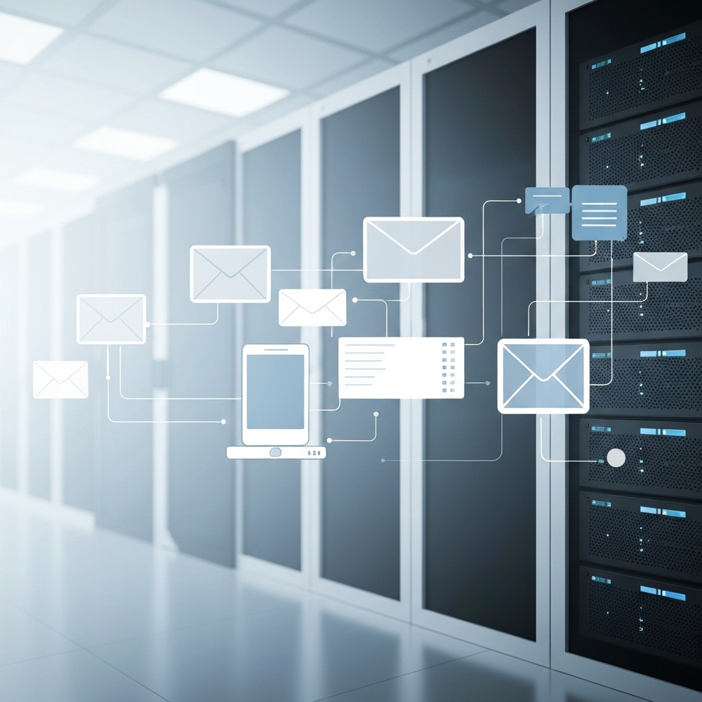 Modern, secure email server for business infrastructure, showcasing AI-powered management and connectivity.