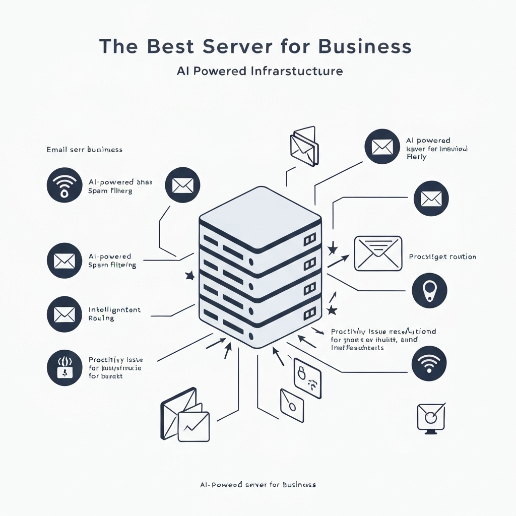 Informative illustration of an AI-powered email server for business, demonstrating secure cloud solutions.