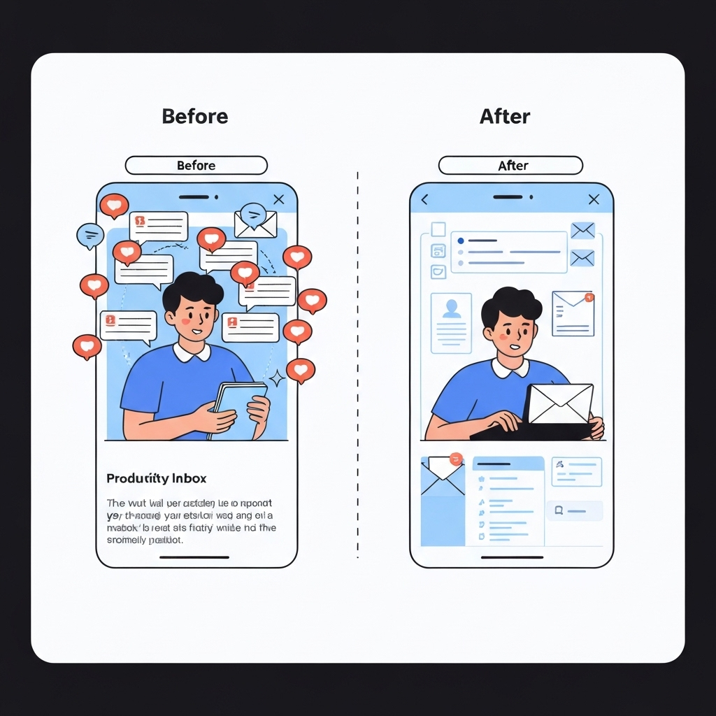 Minimalist illustration of a smart mail app enhancing inbox organization for boosted productivity.