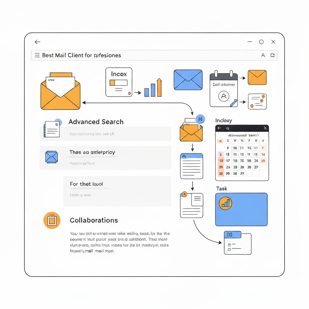 Illustration: Key mail client features for business productivity, AI, and inbox organization.