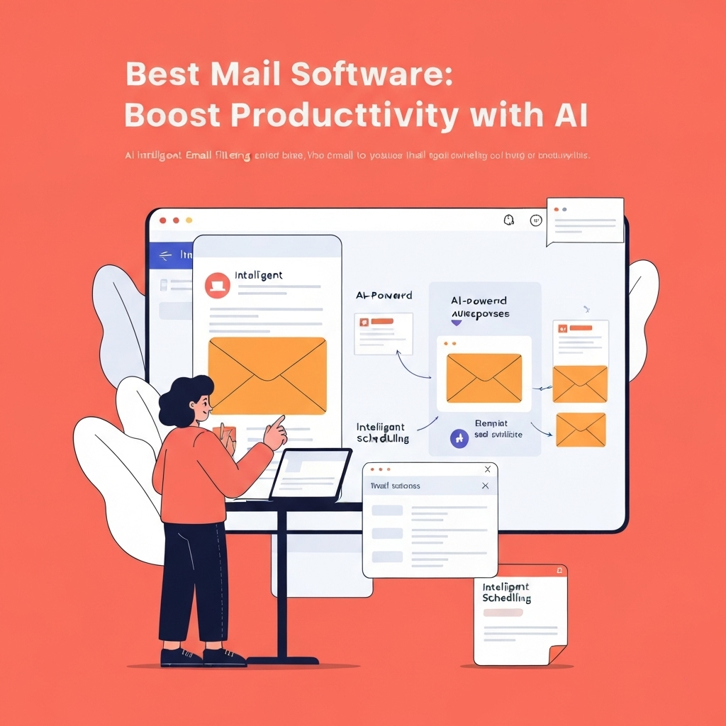 Minimalist illustration showing AI mail software streamlining inbox management and boosting efficiency.