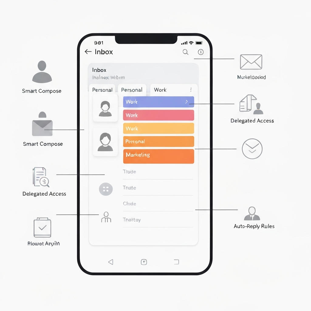 Minimalist illustration of a smart mailbox app organizing emails for business productivity.
