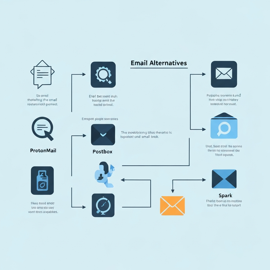 Illustration explaining modern email alternatives: explore diverse communication tools and productivity apps.