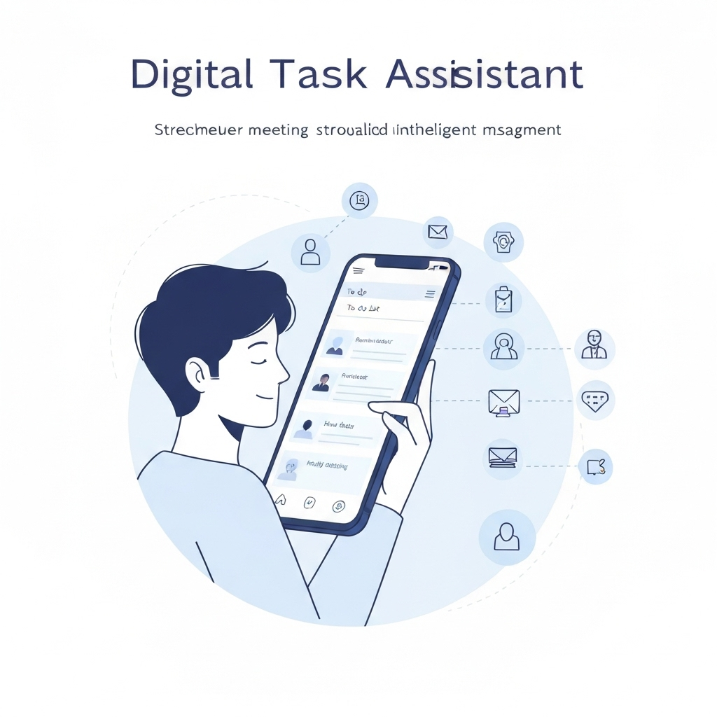 Digital assistant illustration showing AI tools organizing emails for better productivity.