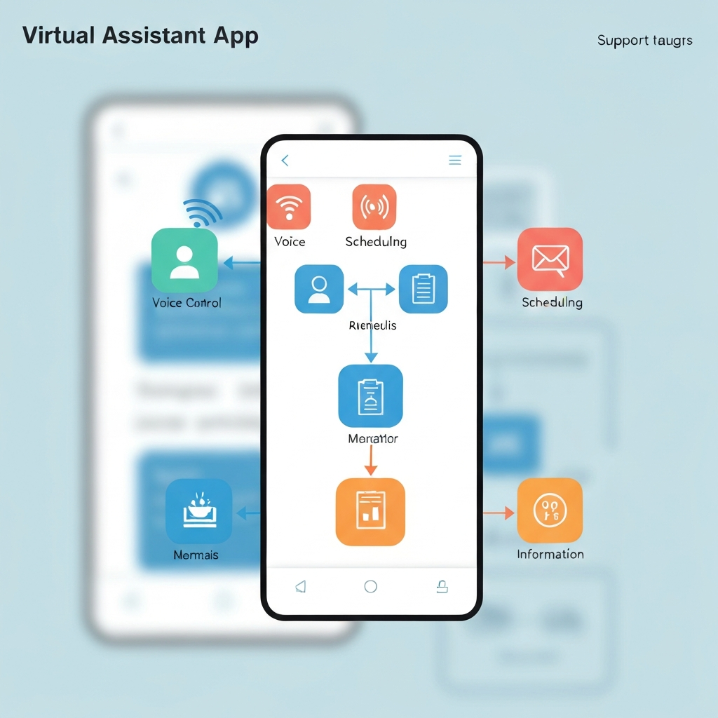 Sleek virtual assistant app interface organizing emails and tasks for better business productivity.