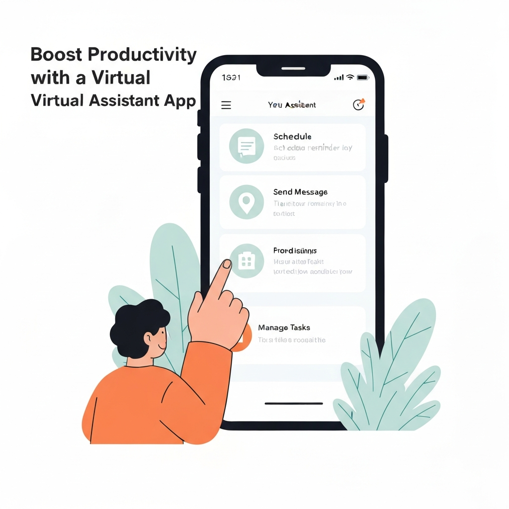 Virtual assistant app illustration: managing tasks & emails for boosted business productivity.