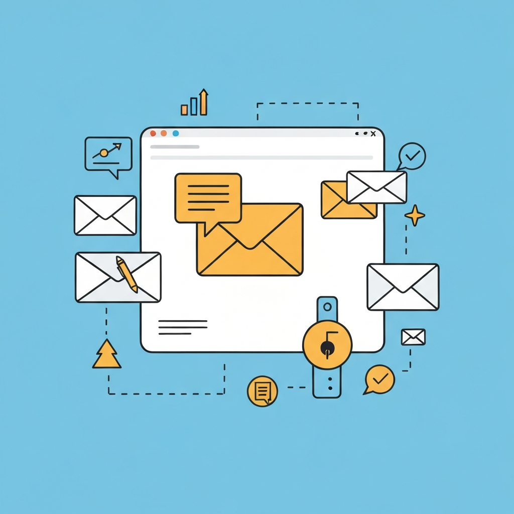 A clean, modern graphic illustrating an AI-powered productivity email system designed for efficient inbox management.