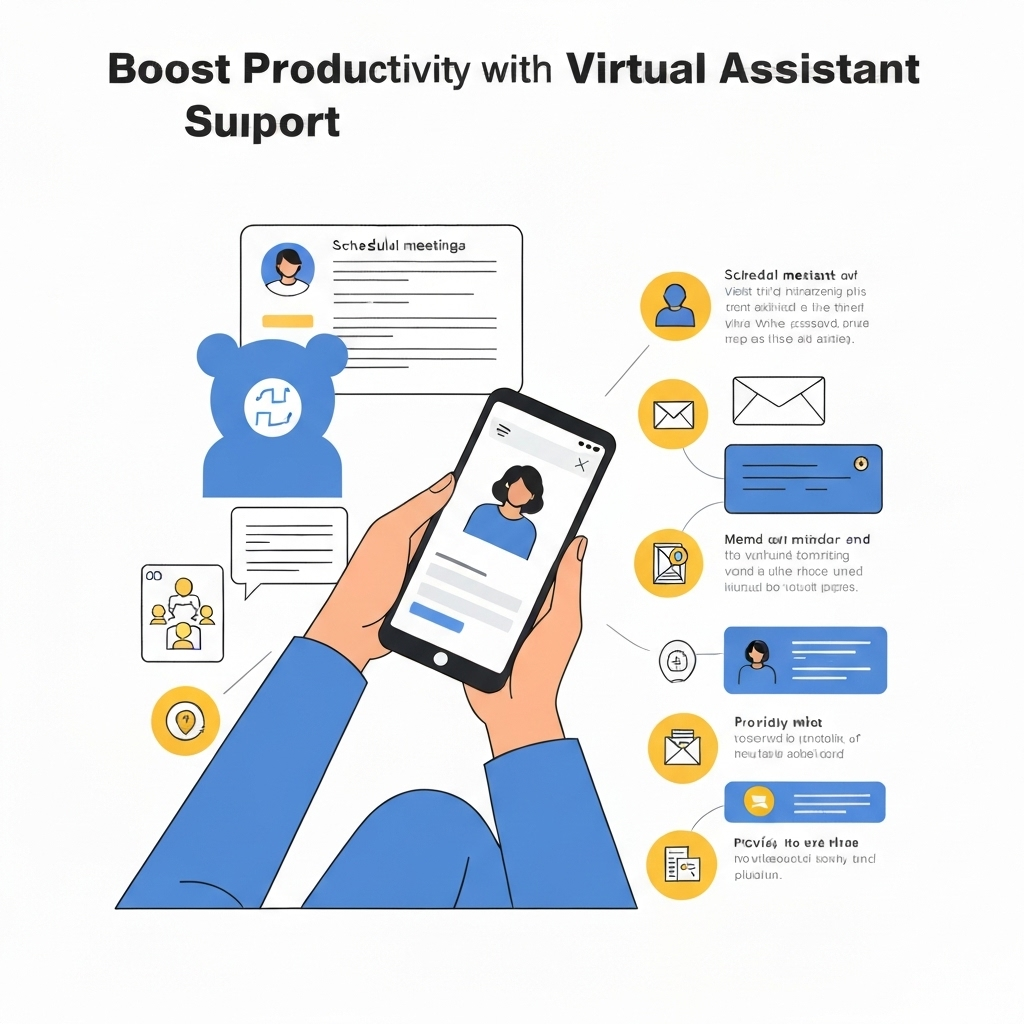 Minimalist illustration of virtual assistant support managing inbox and boosting remote work productivity.