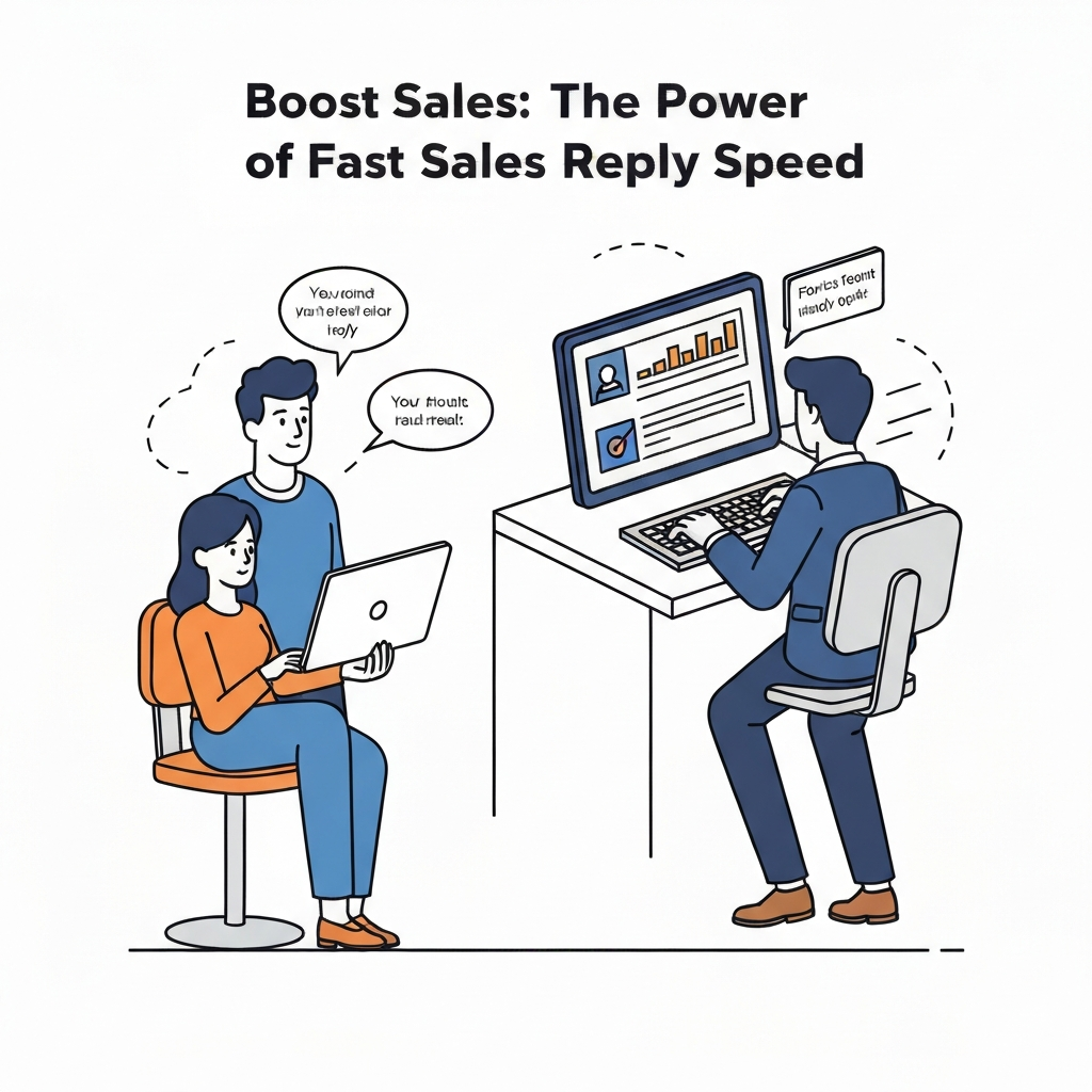 Illustration showing how fast sales reply speed boosts customer engagement and conversion rates. Minimalist design.