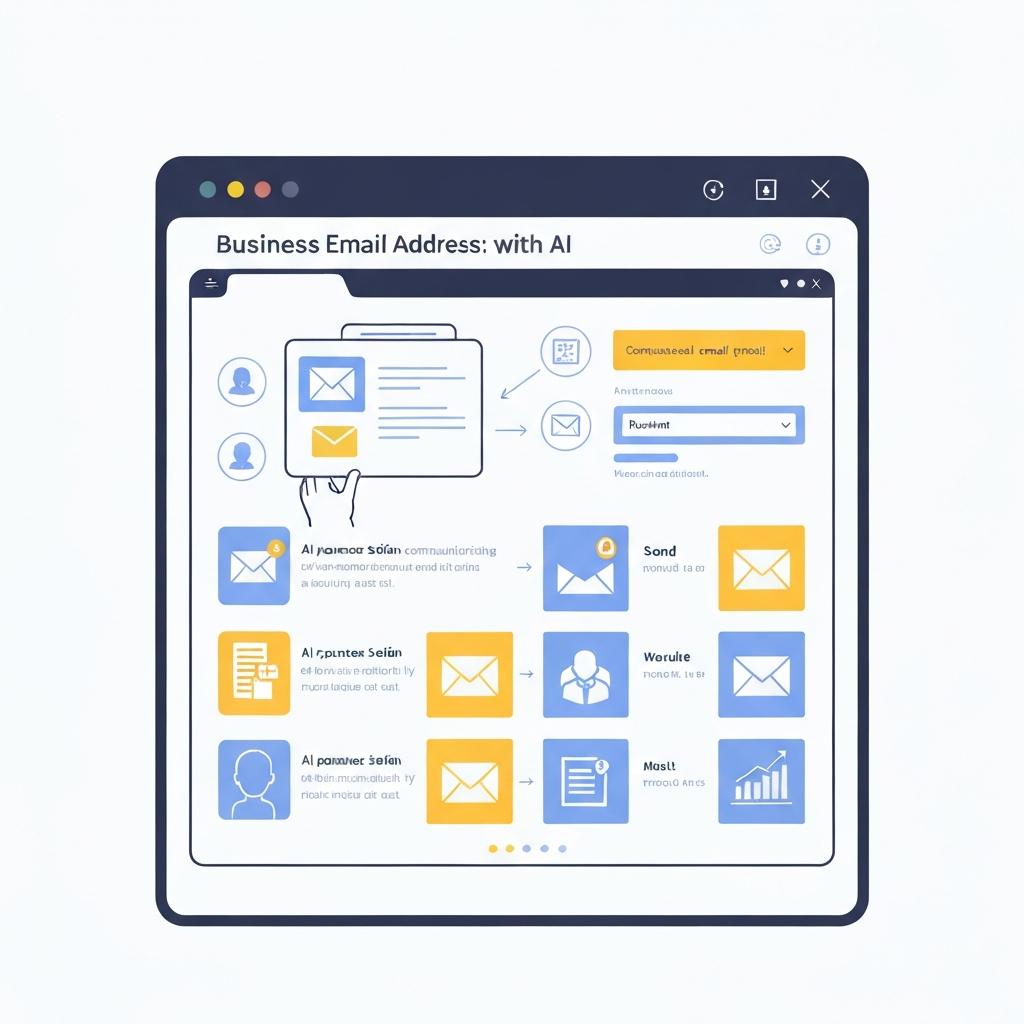 Professional business email address with AI assistant icons enhancing productivity illustration.
