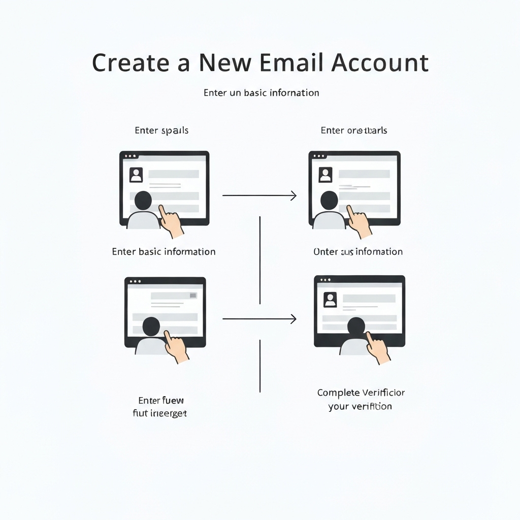 Minimalist illustration guiding users through the steps to create an email account, your first step to digital identity.