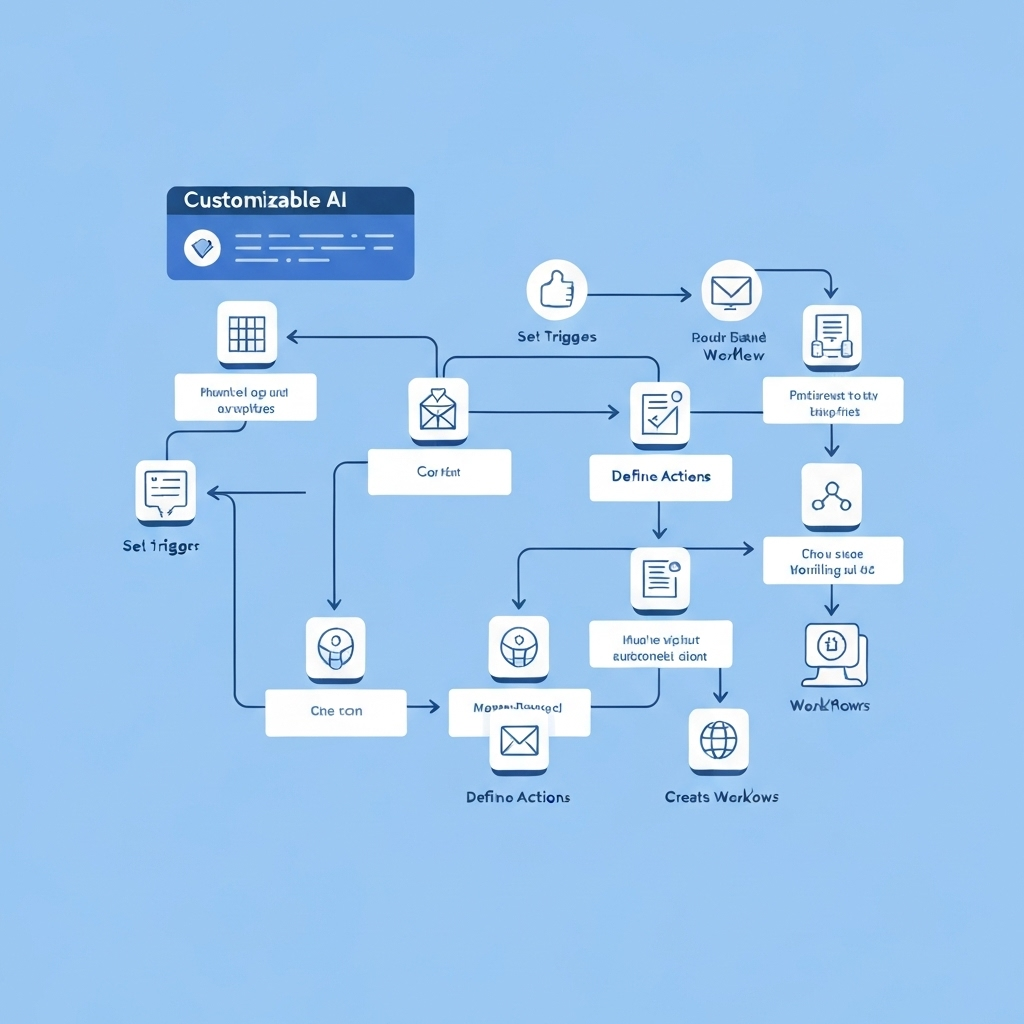 Illustration of customizable AI managing an inbox with intelligent email filtering and sorting.