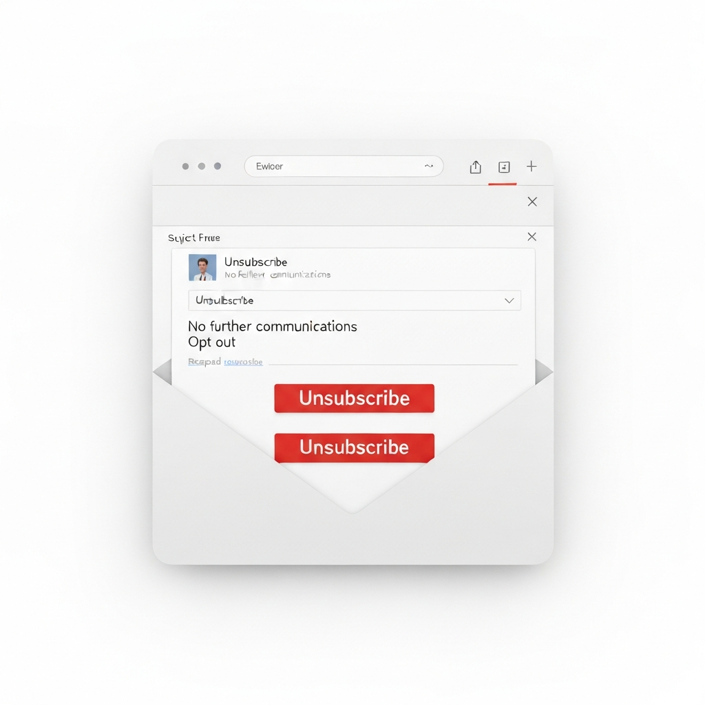 Hand clicking an 'unsubscribe from emails' button to declutter inbox.