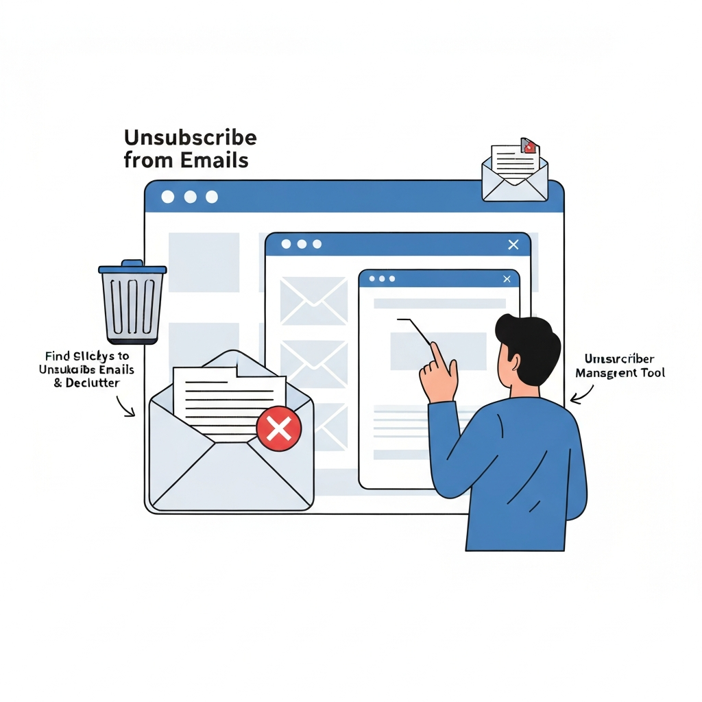 Minimalist illustration guiding you to unsubscribe from emails and declutter your inbox.
