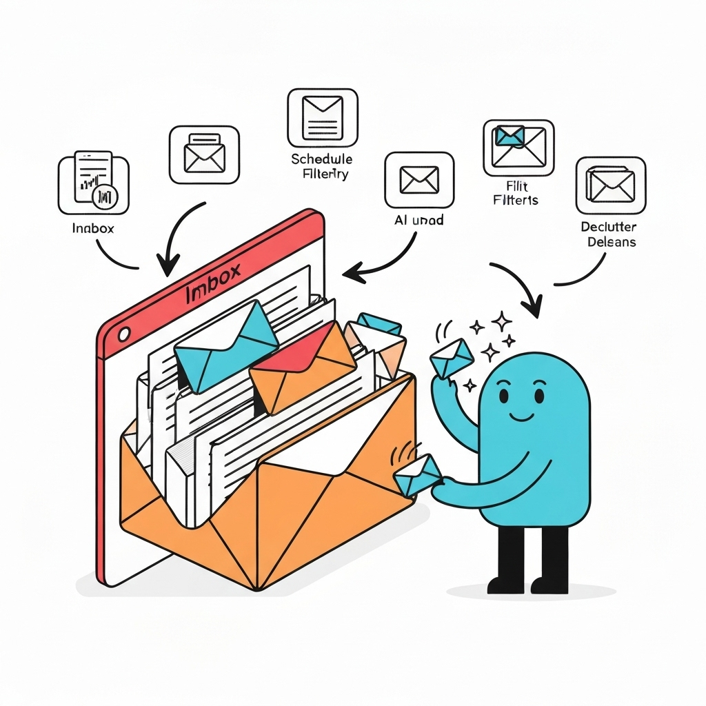 Illustration of an AI email cleaner organizing an inbox to boost productivity.