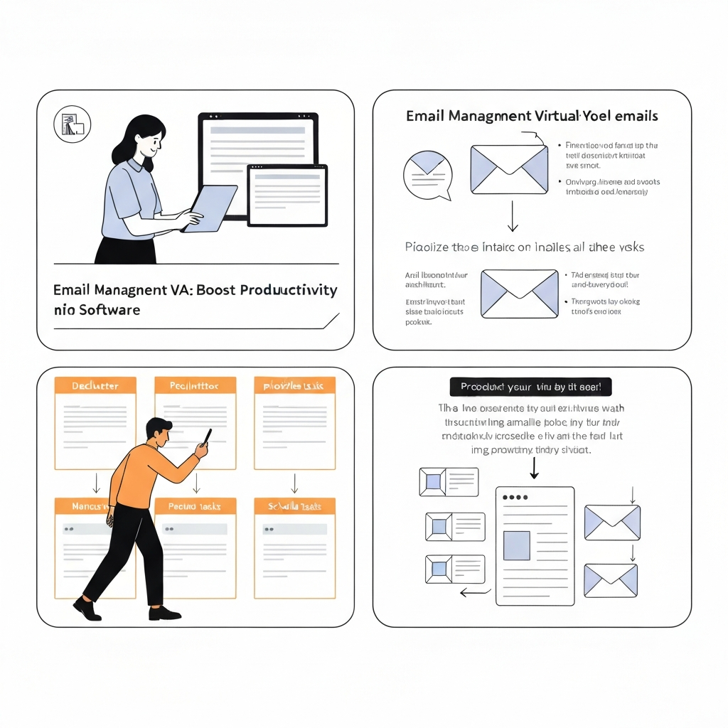 Illustration of an email management virtual assistant organizing a busy inbox efficiently.