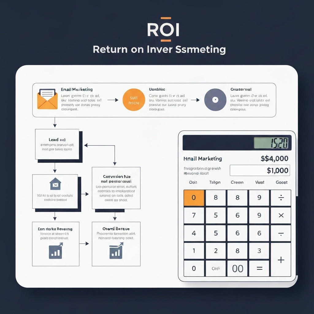 Modern graphic of an email marketing ROI calculator displaying key performance metrics and campaign success data.