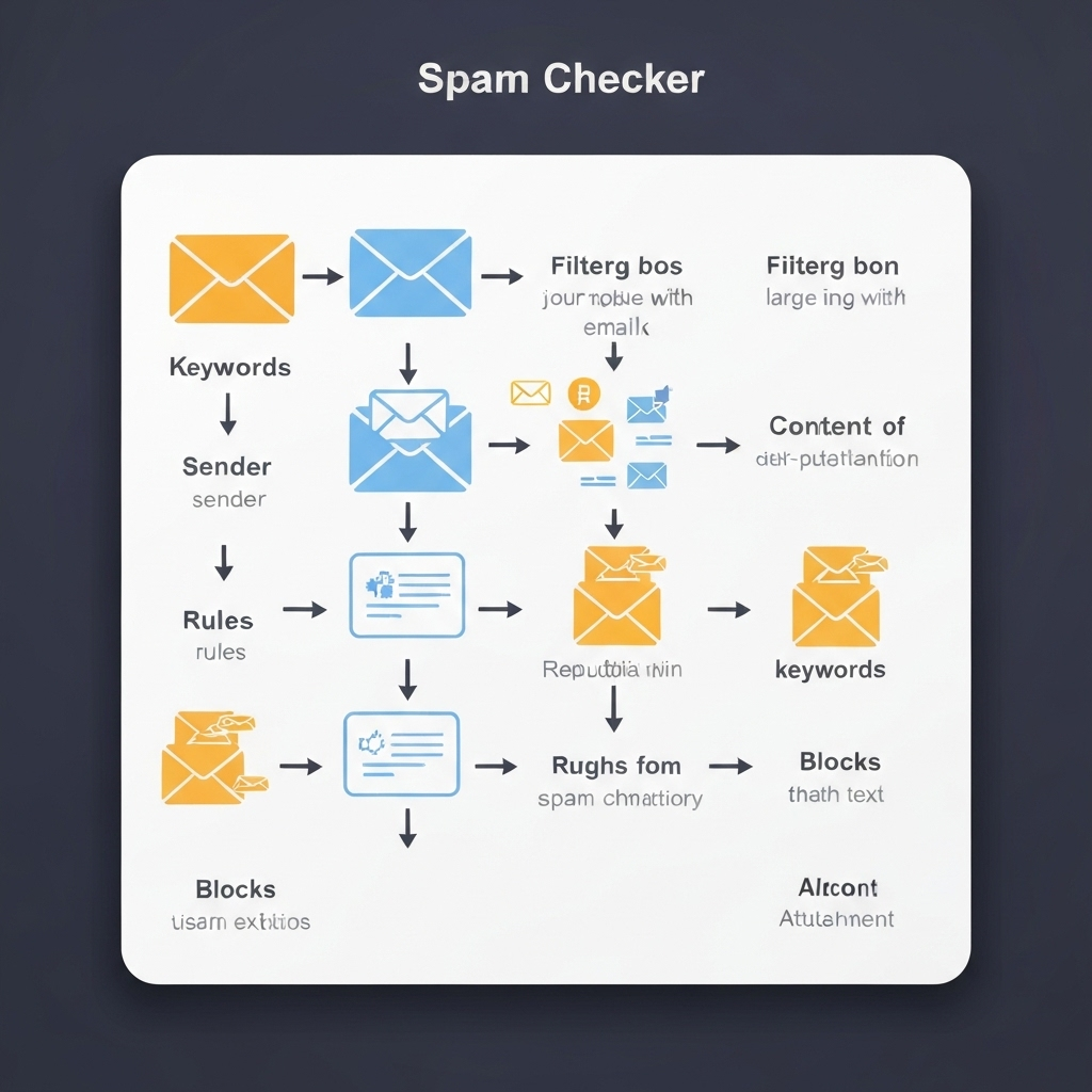 Professional illustration of an email spam checker verifying message deliverability and inbox placement.