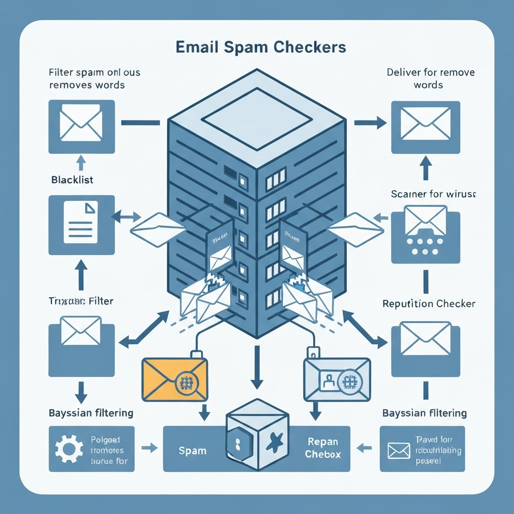 Illustration: An email spam checker scans an email, ensuring it bypasses spam filters for optimal inbox deliverability.