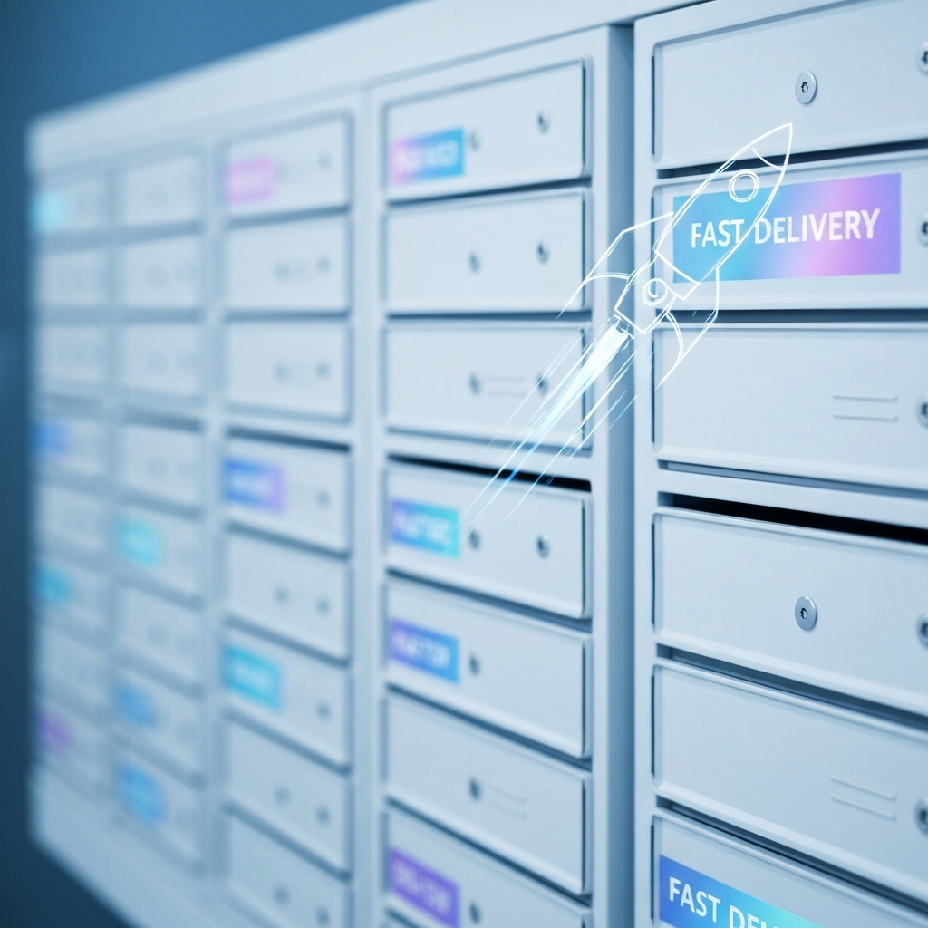 Modern graphic symbolizing fast mail, AI email management, and efficiency.