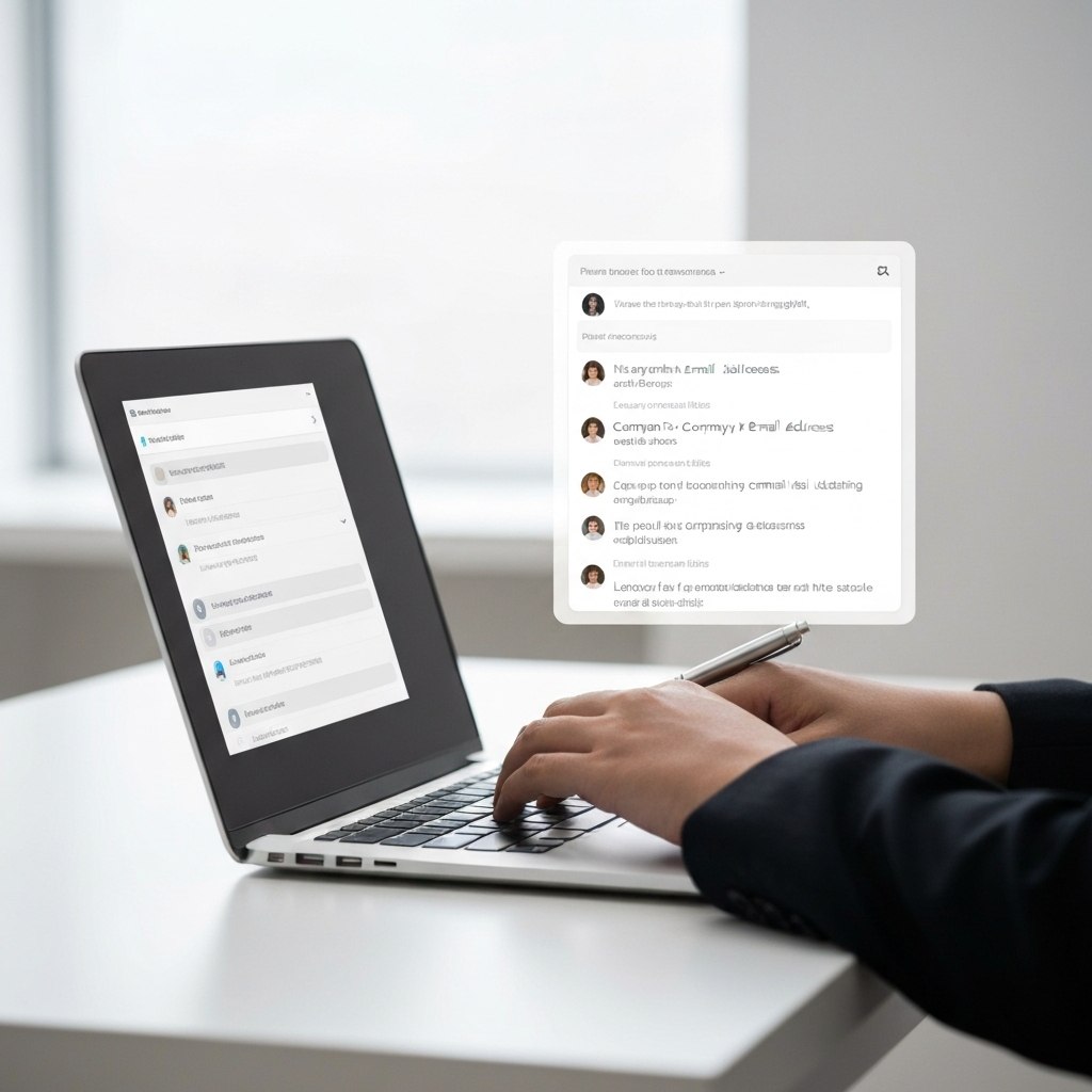 Modern graphic illustrating how to find company email address using digital tools.