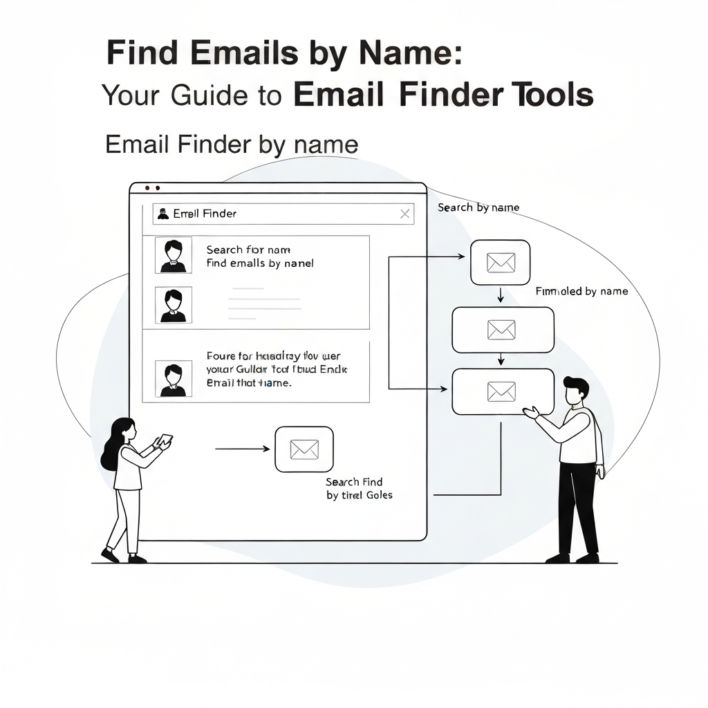 Illustration of an email finder by name tool, showing how to locate contact emails.