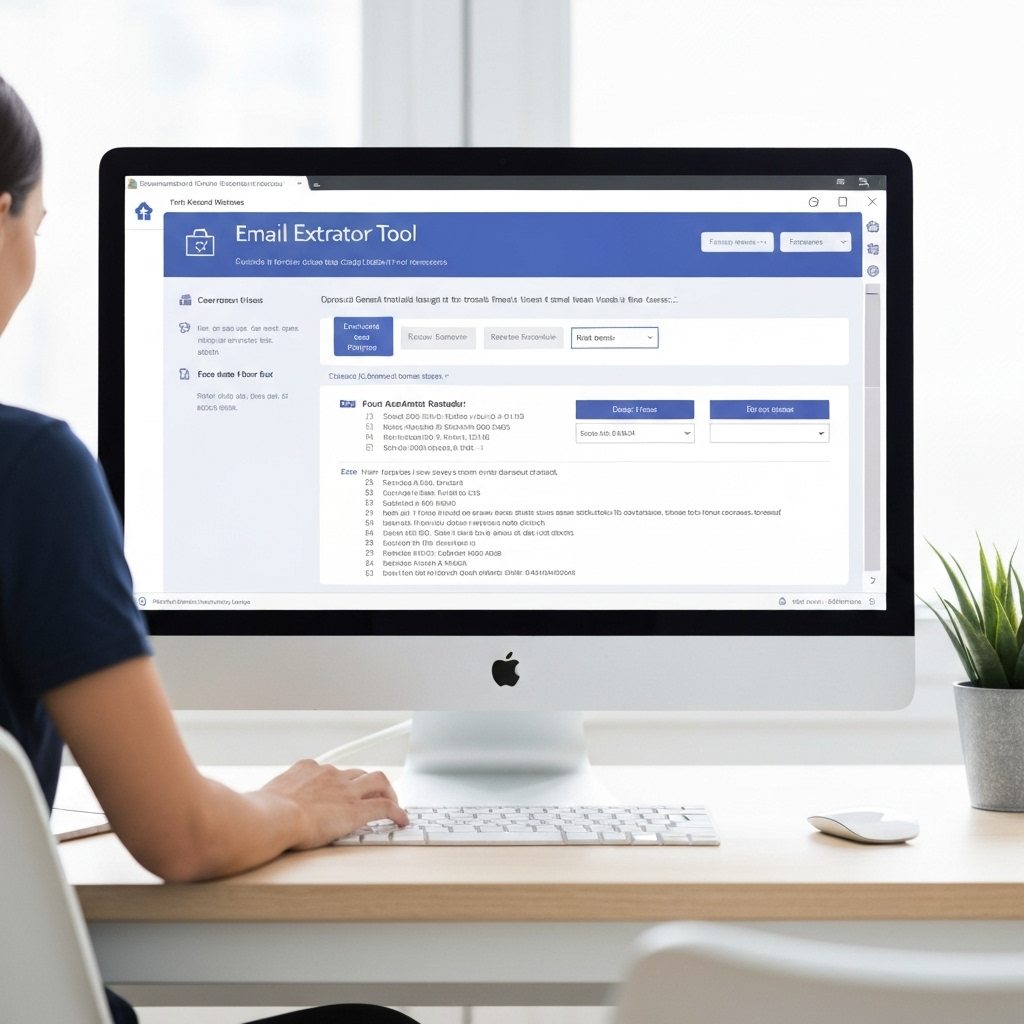Professional graphic illustrating data streams being processed by an online email extractor free tool.