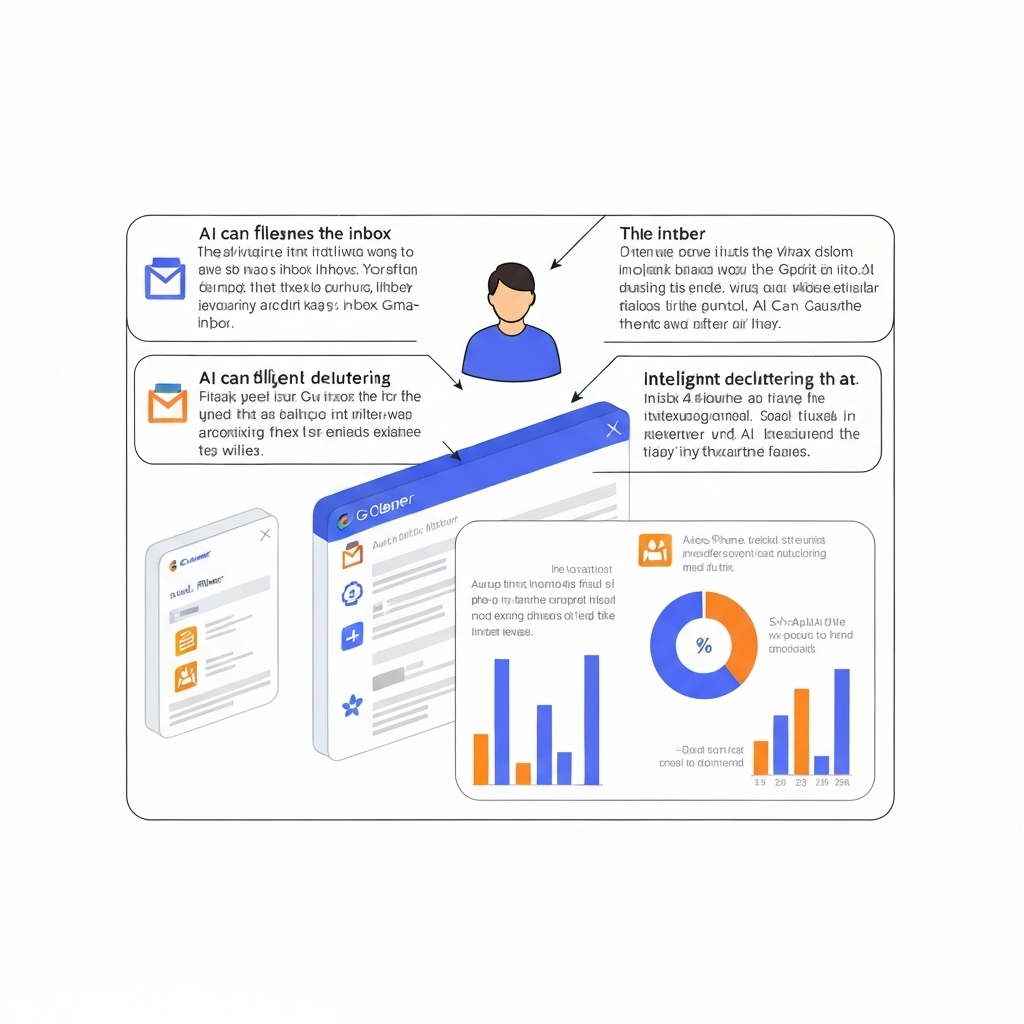 Illustration of AI-powered Gmail cleaner organizing emails to reduce clutter.