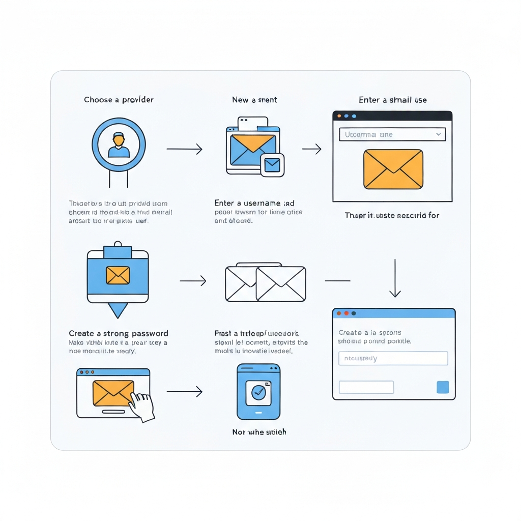 Illustration guiding you on how to make a new email account, step-by-step.