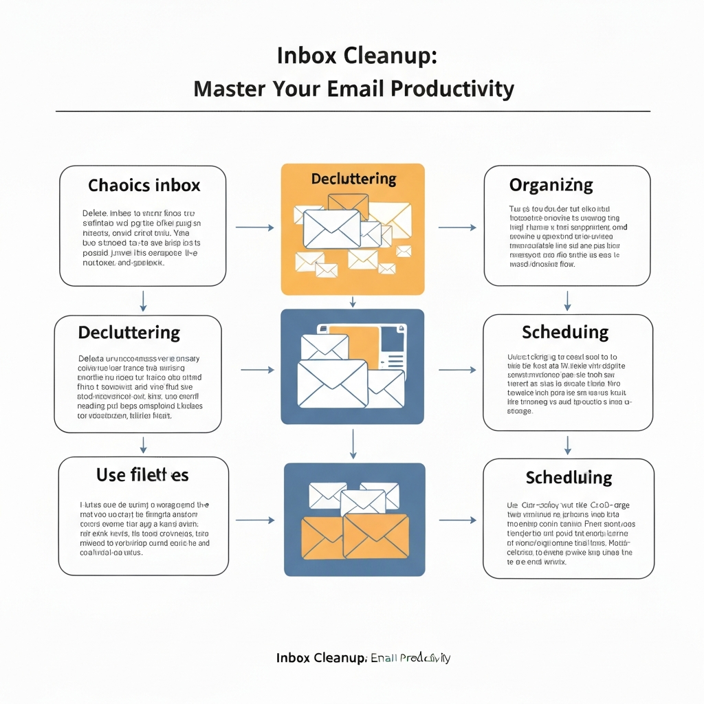Minimalist illustration explaining key inbox cleanup steps for enhanced email organization and productivity.
