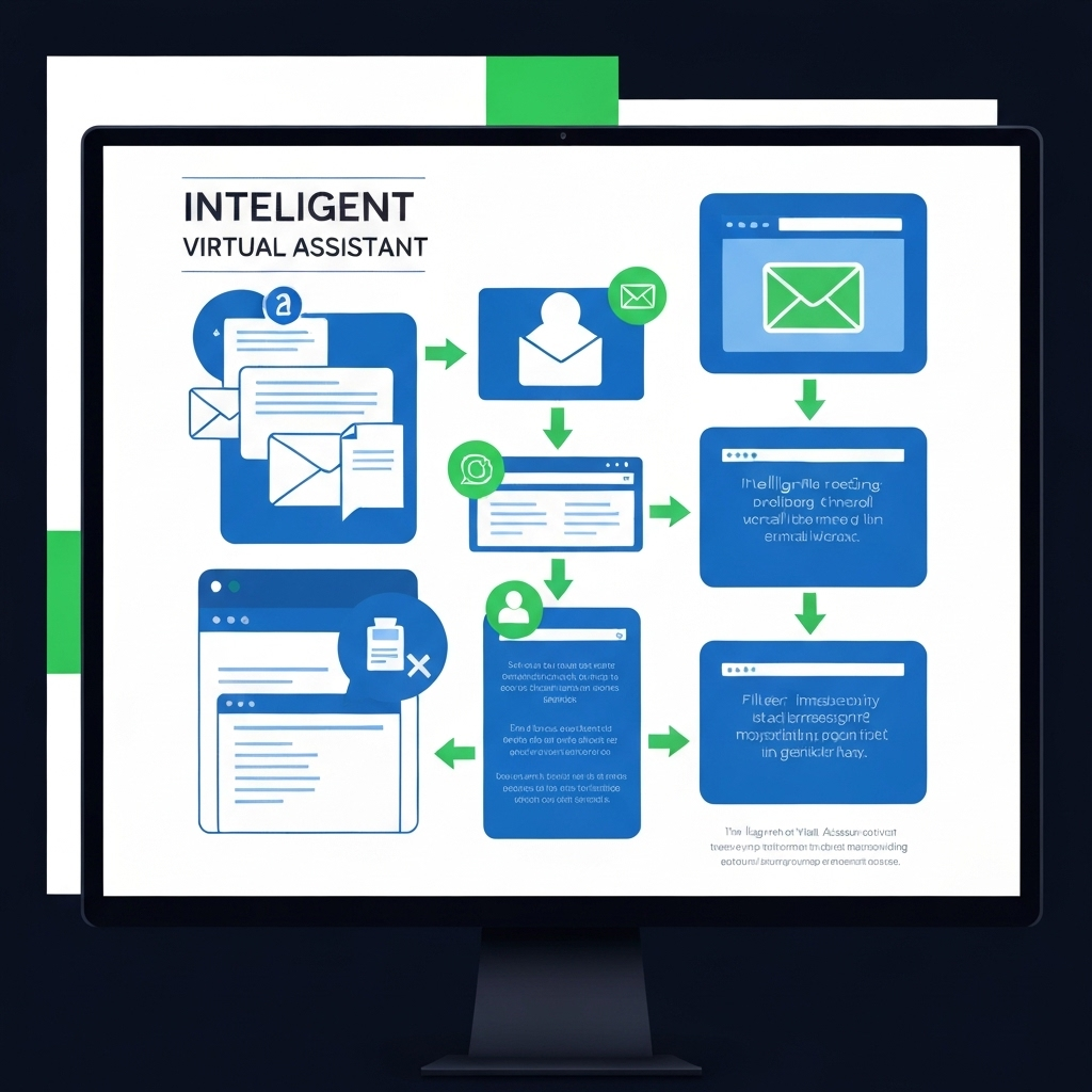 Intelligent virtual assistant icon sorting emails, symbolizing enhanced productivity and smart inbox management.