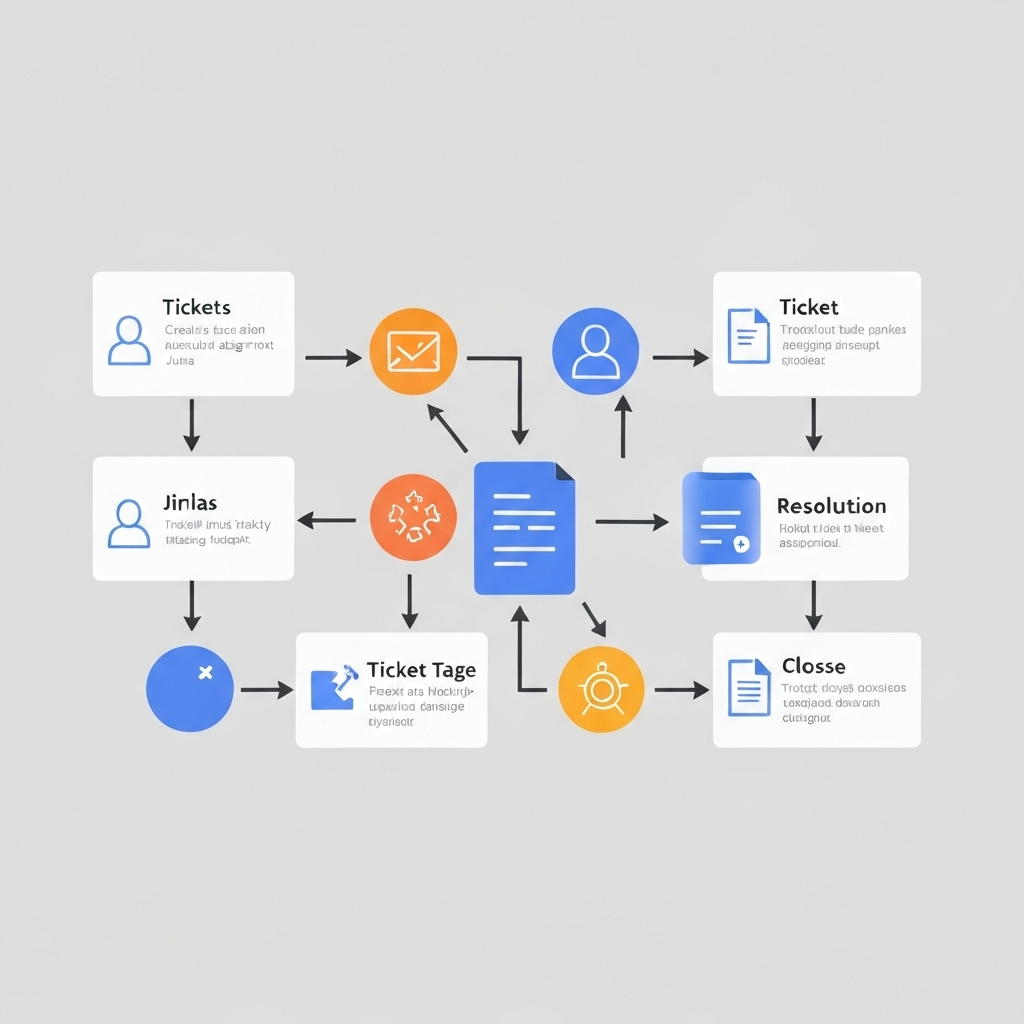 Optimized ticketing jira workflows for enhanced productivity. Modern, professional graphic supporting task management.