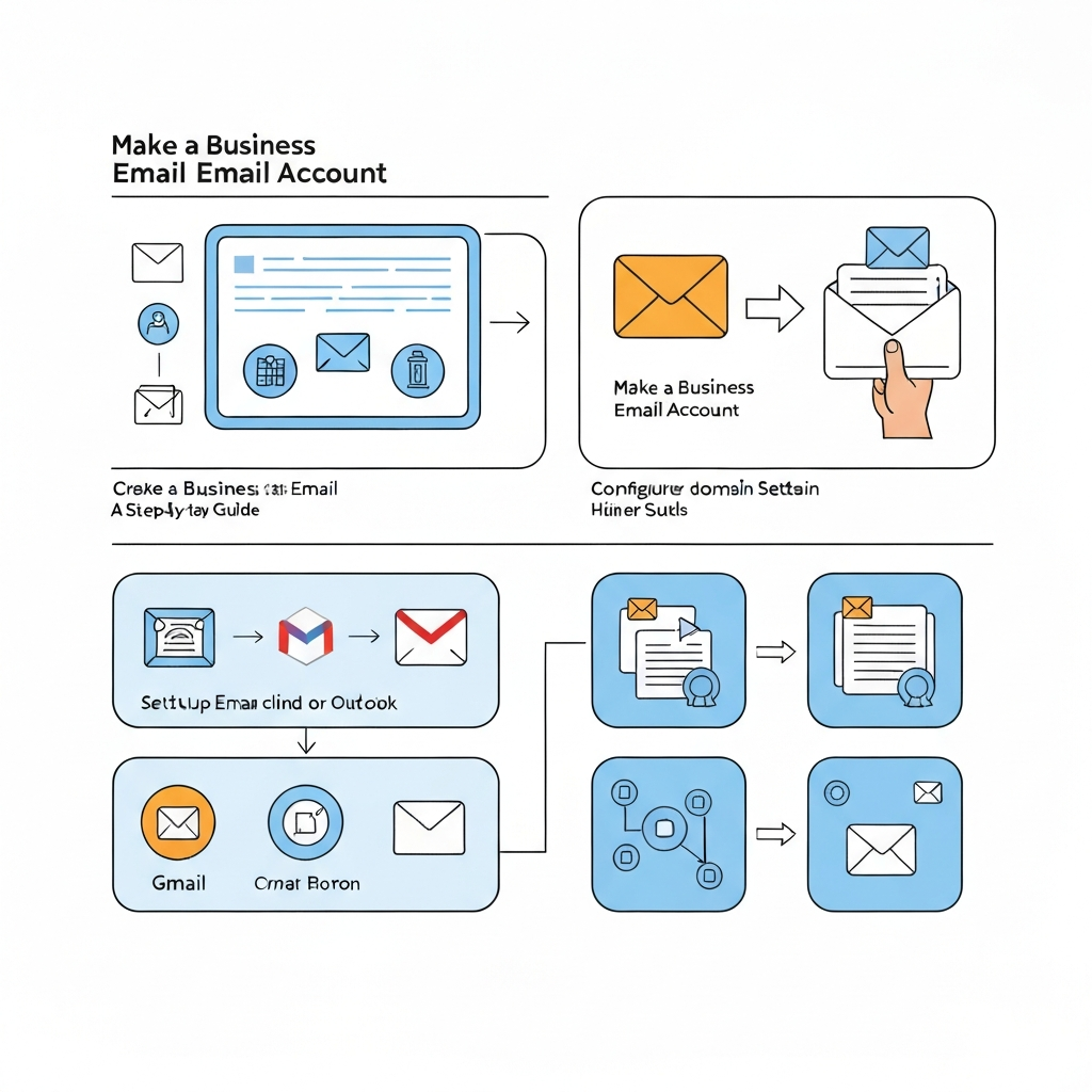 Illustration showing steps to make a business email account with a custom domain for professional communication.