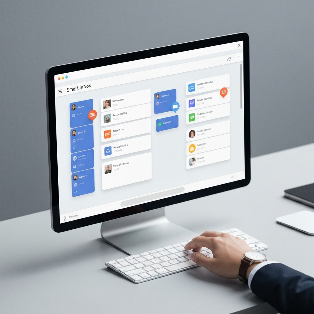 Modern illustration of smart inbox management using AI to sort and organize emails for peak productivity.