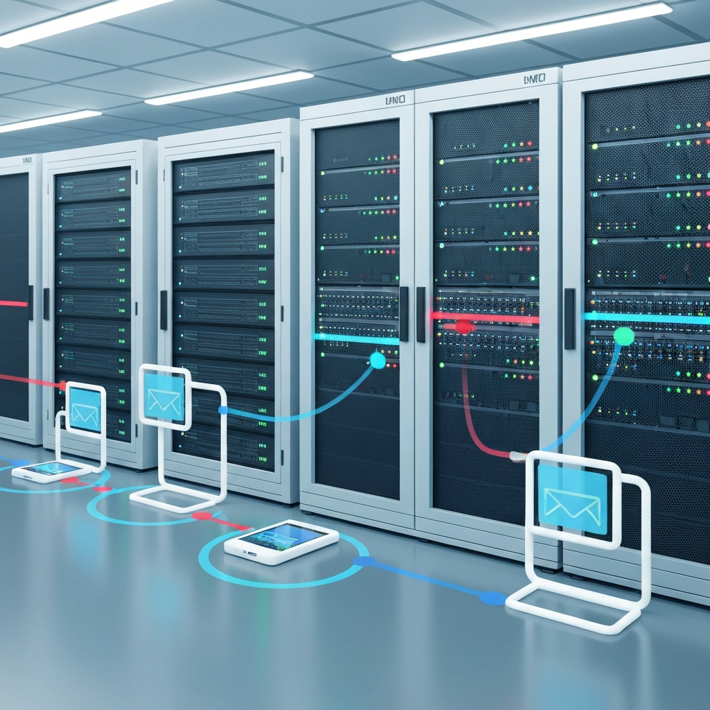 Modern, clean graphic for productivity software: efficient email systems and organized inboxes.