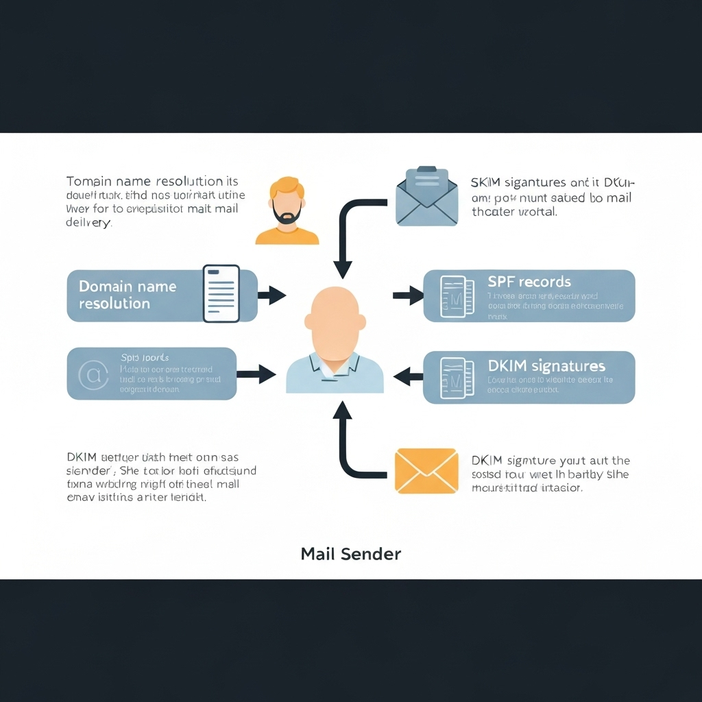 Mail sender illustration showing key steps for efficient email delivery and optimization.