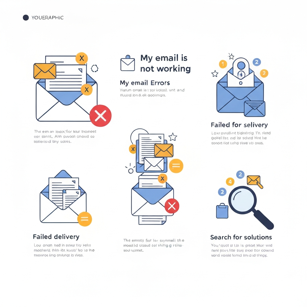 Modern graphic for troubleshooting why my email is not working, showing connection and error icons.