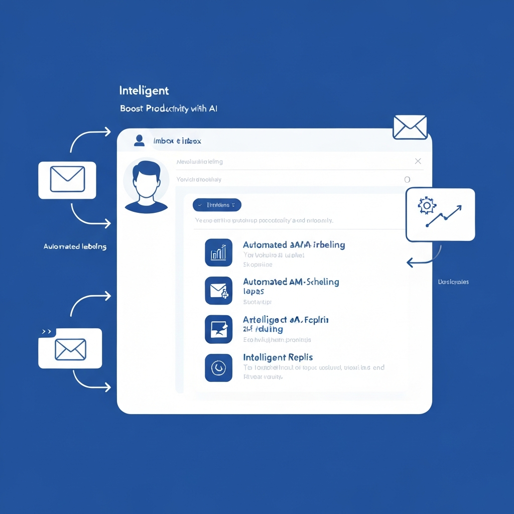 Illustration of an AI-powered online email client, showcasing smart inbox organization for boosted productivity.