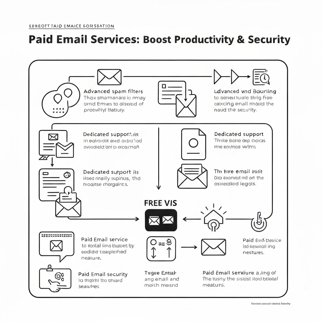 Illustration of paid email services benefits: enhanced security, productivity tools, and professional features.