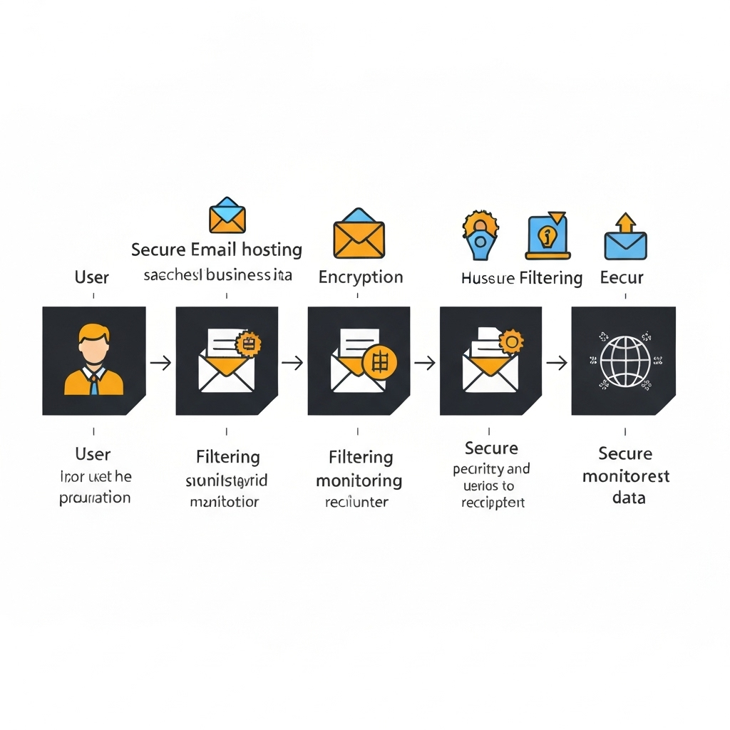Illustration of secure email hosting safeguarding business data with encryption and protection layers.
